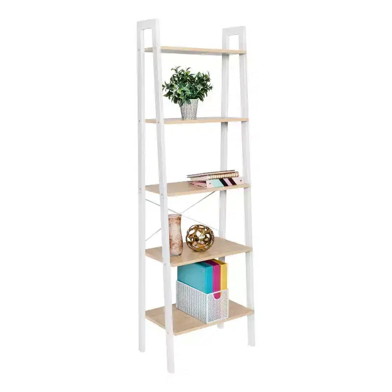 5-Tier Ladder Bookshelf, Steel Frame, 67.7" Height, 50 lb Capacity, Veneer Finish