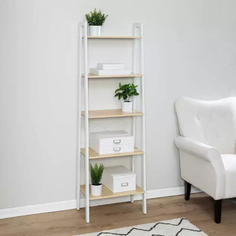 5-Tier Ladder Bookshelf, Steel Frame, 67.7" Height, 50 lb Capacity, Veneer Finish