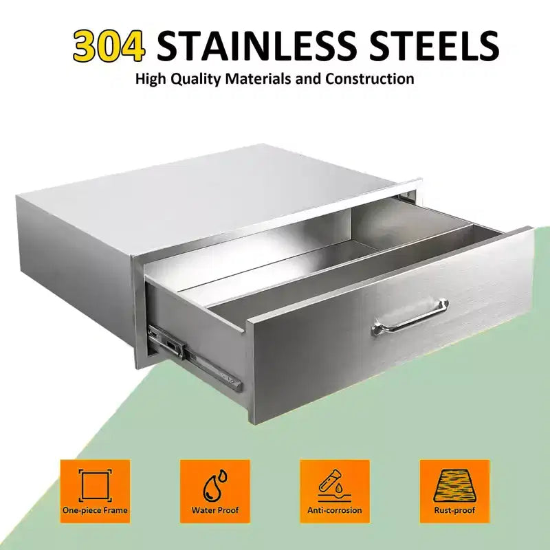 Outdoor Kitchen Stainless Steel BBQ Drawer - Built-in, Fully Assembled
