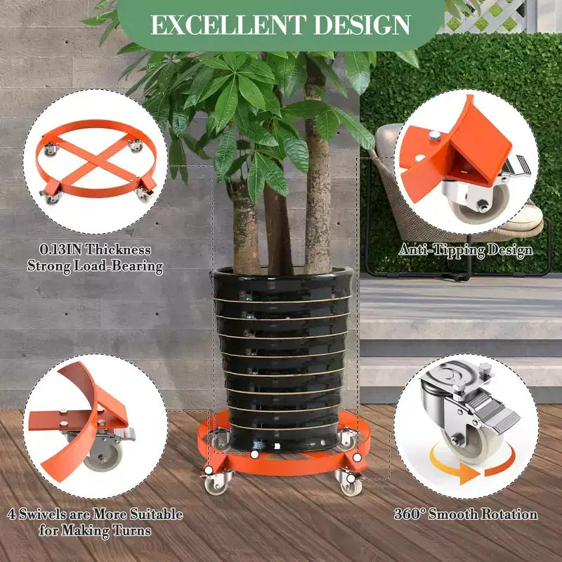 55-Gallon Drum Dolly with Five 360° Swivel Wheels and Brakes