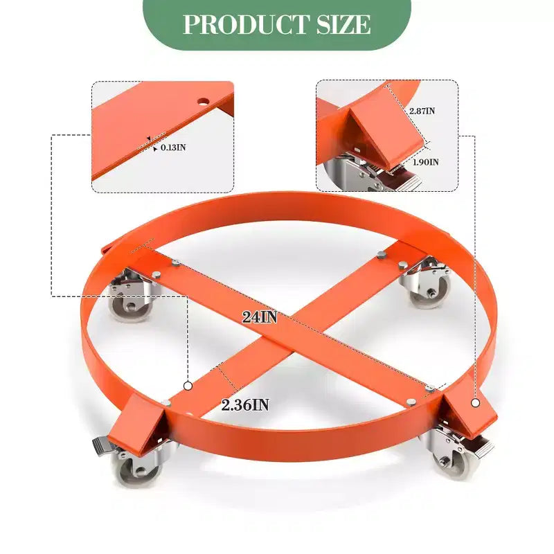 55-Gallon Drum Dolly with Five 360° Swivel Wheels and Brakes