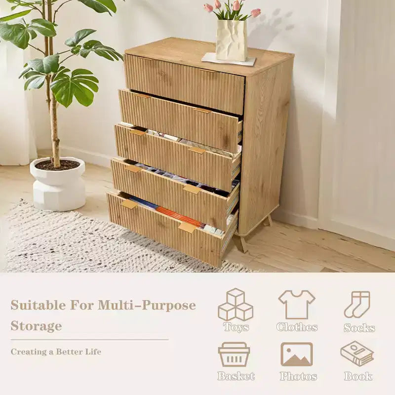 5 Drawer Dresser - Fluted Panel Chest of Drawers