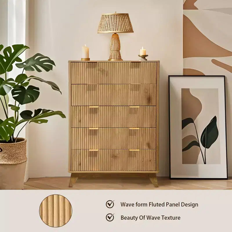 5 Drawer Dresser - Fluted Panel Chest of Drawers