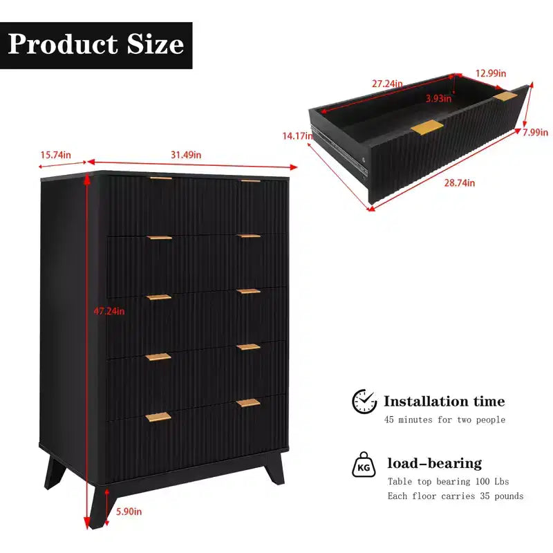 5 Drawer Dresser - Fluted Panel Chest of Drawers