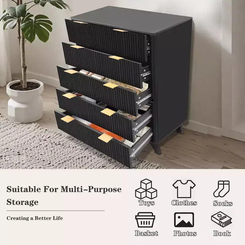 5 Drawer Dresser - Fluted Panel Chest of Drawers