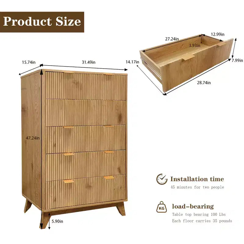 5 Drawer Dresser - Fluted Panel Chest of Drawers