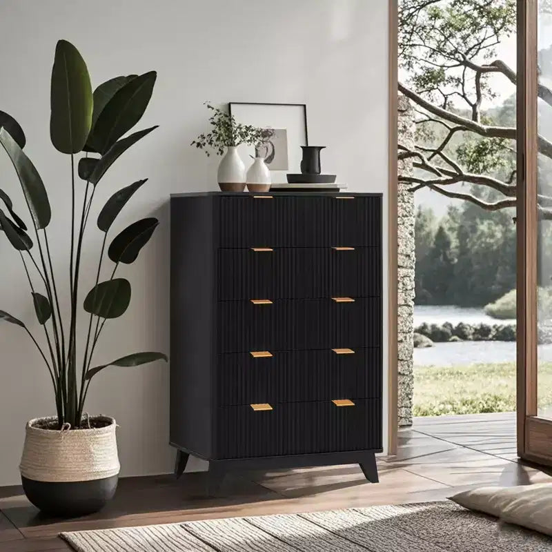 5 Drawer Dresser for Bedroom, Fluted Panel Wooden Chest of Drawers Storage and Organization for Living Room Closet Hallway