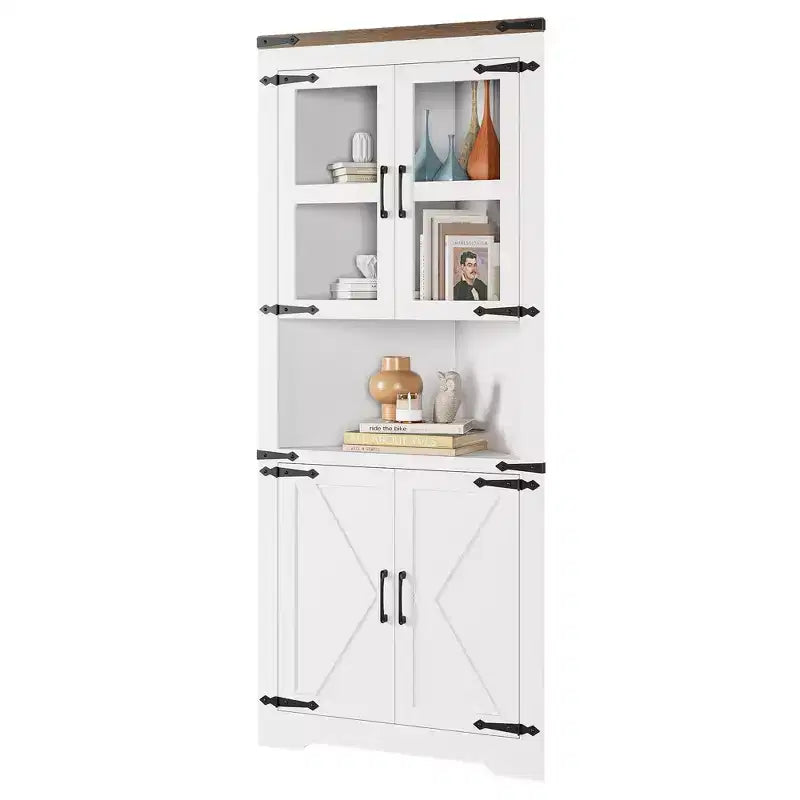 Farmhouse Corner Cabinet with Glass Door & Adjustable Shelves, Tall Corner Storage for Bathroom, Living Room & Kitchen