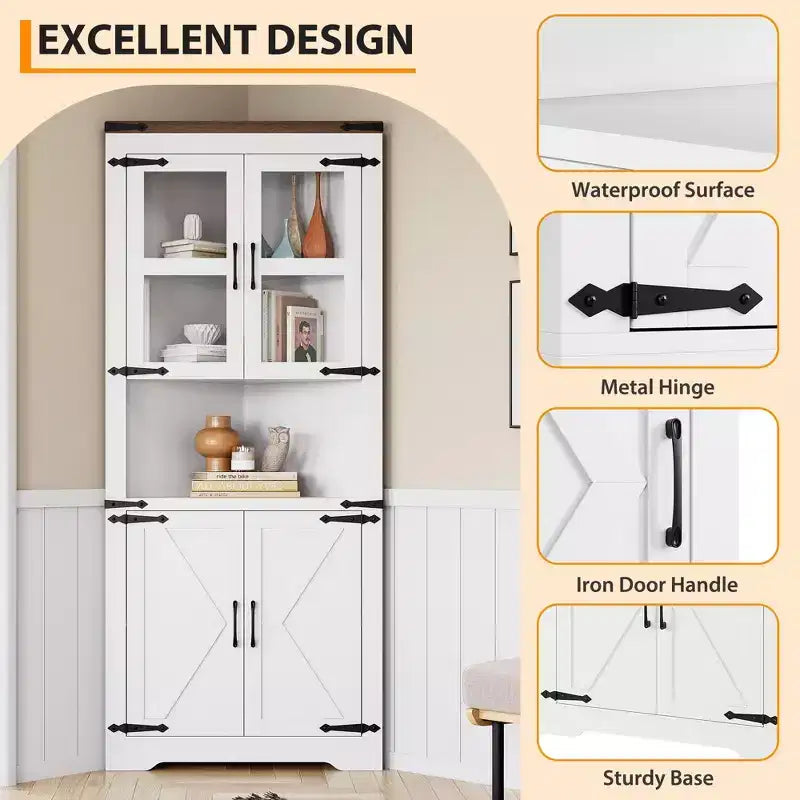 Farmhouse Corner Cabinet with Glass Door & Adjustable Shelves, Tall Corner Storage for Bathroom, Living Room & Kitchen