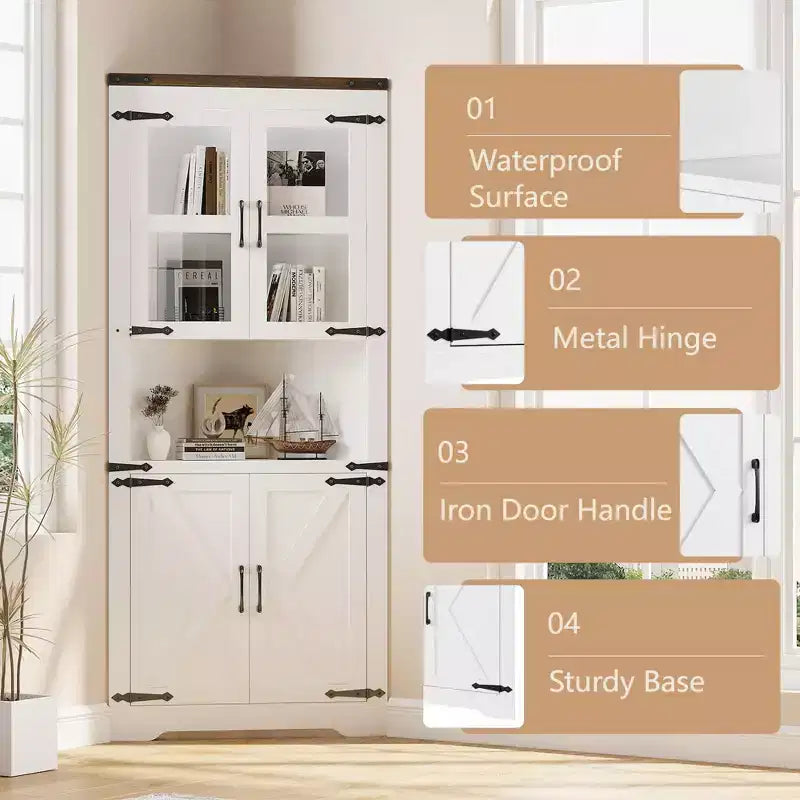 Farmhouse Corner Cabinet with Glass Door & Adjustable Shelves, Tall Corner Storage for Bathroom, Living Room & Kitchen