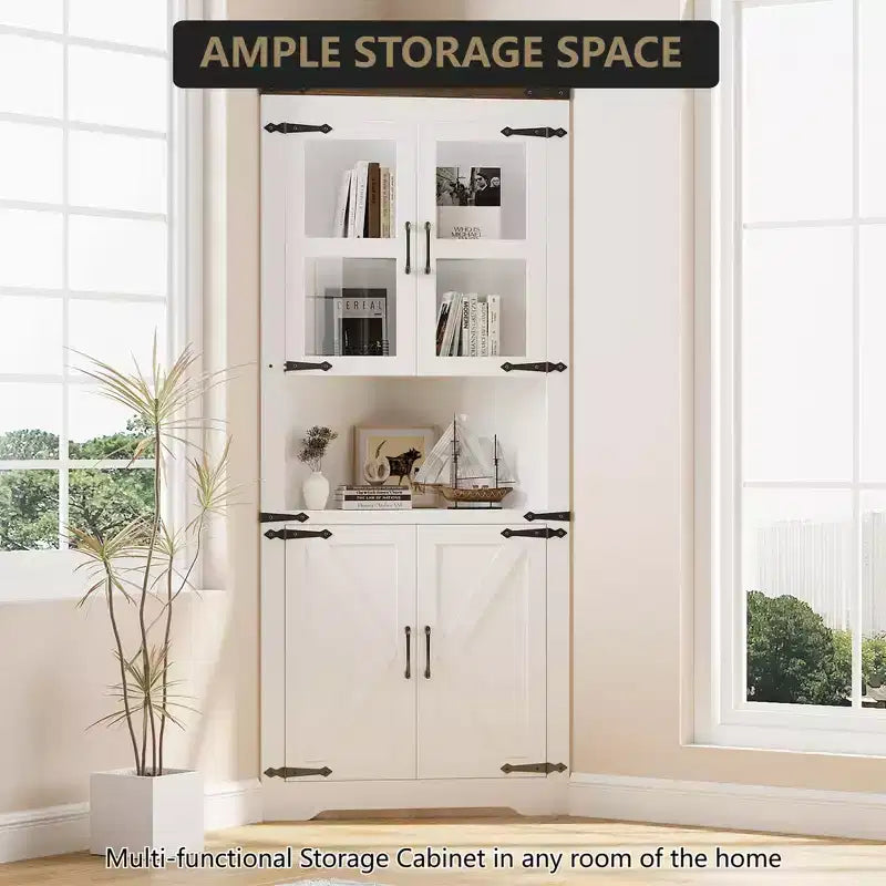 Farmhouse Corner Cabinet with Glass Door & Adjustable Shelves, Tall Corner Storage for Bathroom, Living Room & Kitchen