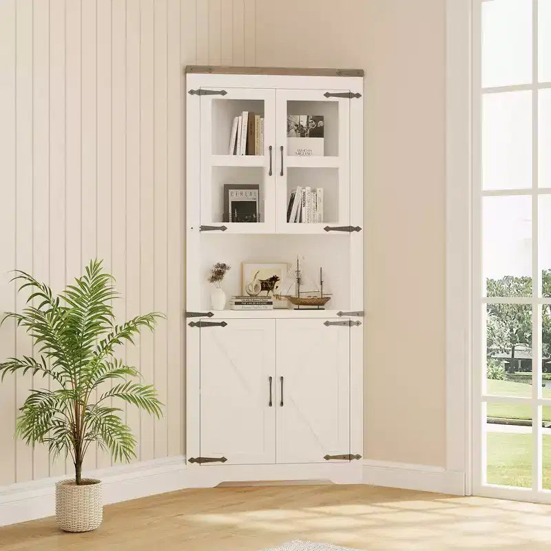 Farmhouse Corner Cabinet with Glass Door & Adjustable Shelves, Tall Corner Storage for Bathroom, Living Room & Kitchen