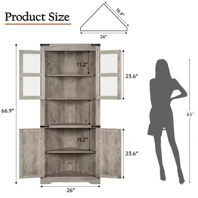 Farmhouse Corner Cabinet with Glass Door & Adjustable Shelves, Tall Corner Storage for Bathroom, Living Room & Kitchen