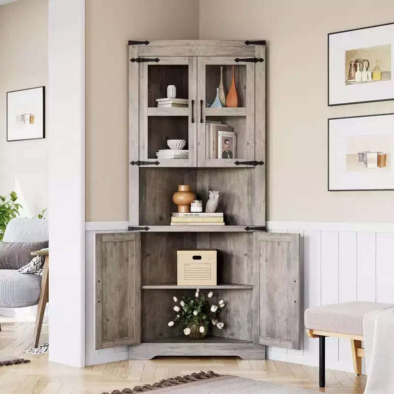 Farmhouse Corner Cabinet with Glass Door & Adjustable Shelves, Tall Corner Storage for Bathroom, Living Room & Kitchen
