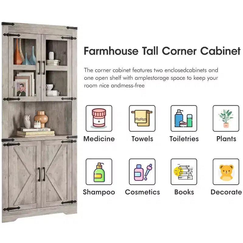 Farmhouse Corner Cabinet with Glass Door & Adjustable Shelves, Tall Corner Storage for Bathroom, Living Room & Kitchen