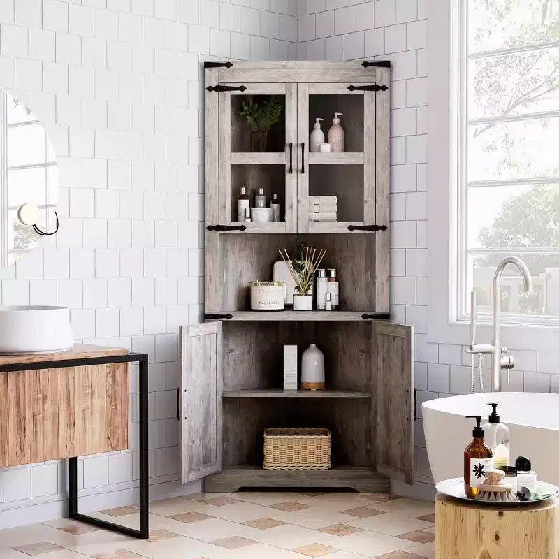 Farmhouse Corner Cabinet with Glass Door & Adjustable Shelves, Tall Corner Storage for Bathroom, Living Room & Kitchen