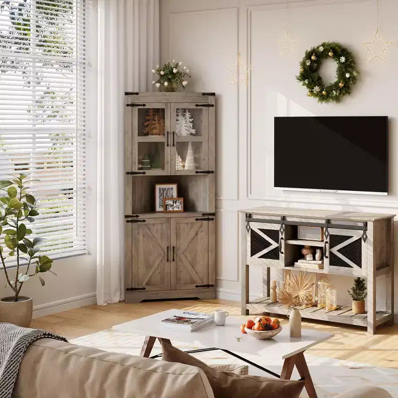 Farmhouse Corner Cabinet with Glass Door & Adjustable Shelves, Tall Corner Storage for Bathroom, Living Room & Kitchen
