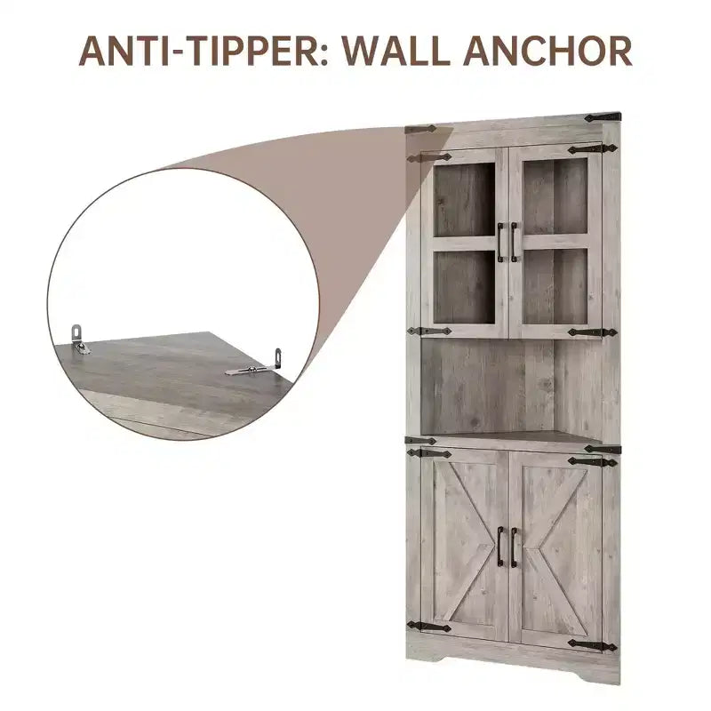 Farmhouse Corner Cabinet with Glass Door & Adjustable Shelves, Tall Corner Storage for Bathroom, Living Room & Kitchen