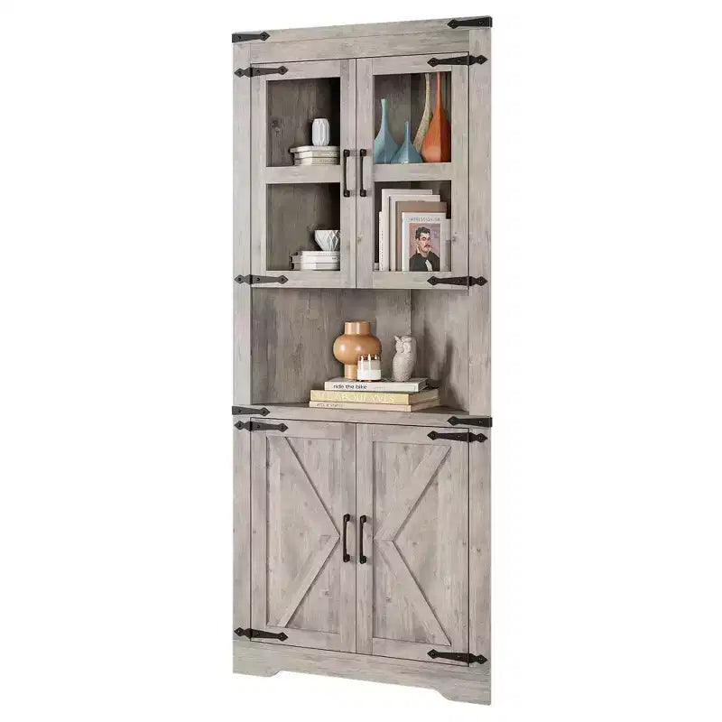 Farmhouse Corner Cabinet with Glass Door & Adjustable Shelves, Tall Corner Storage for Bathroom, Living Room & Kitchen