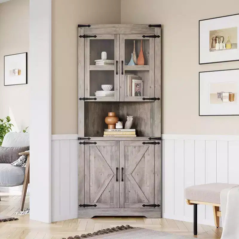 Farmhouse Corner Cabinet, Tall Corner Storage Cabinet with Glass Door & Adjustable Shelves, Bathroom Cabinet with Storage for Living Room,Bathroom