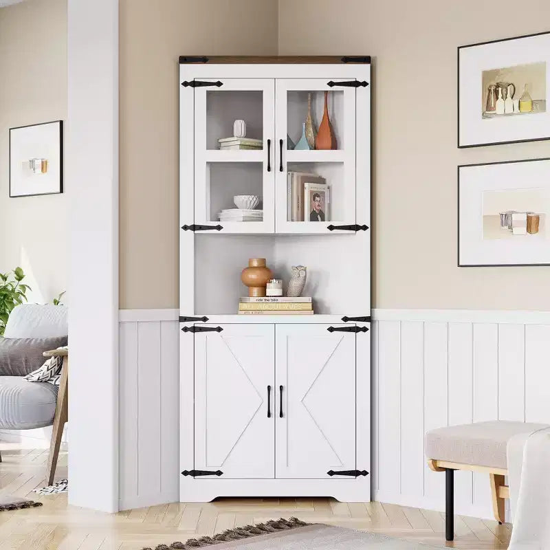 Farmhouse Corner Cabinet with Glass Door & Adjustable Shelves, Tall Corner Storage for Bathroom, Living Room & Kitchen