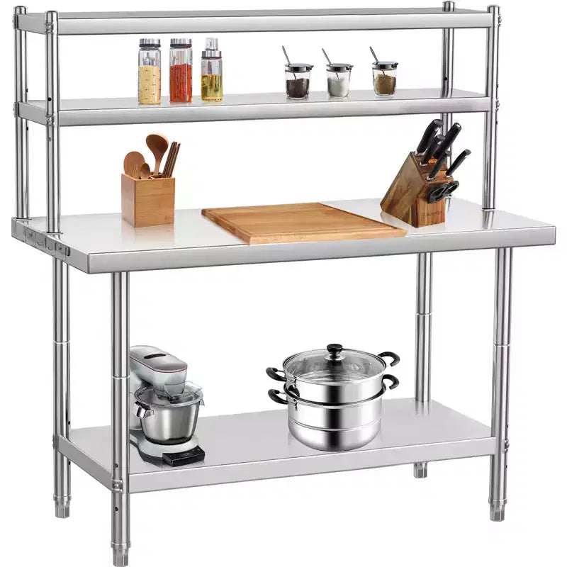 Stainless Steel Table, Heavy Duty Metal Commercial Prep Table with Four Tiers of Storage with Hooks for Kitchen, Home, Hotel Food Prep