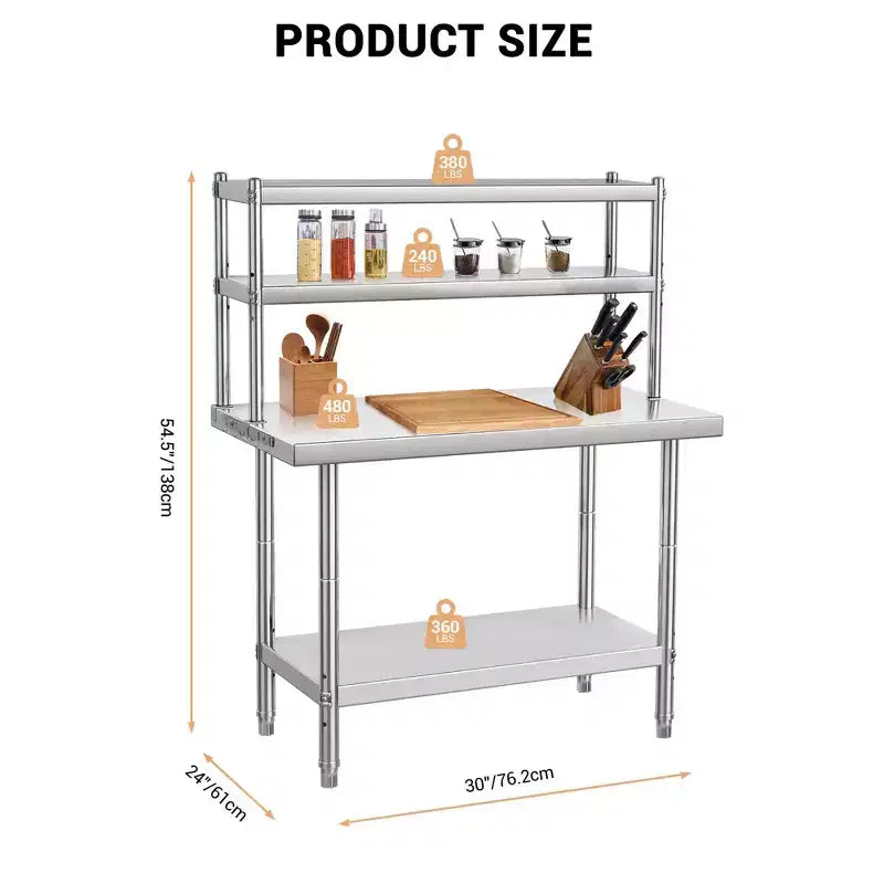 Stainless Steel Table, Heavy Duty Commercial Prep Table with 4-Tier Storage & Hooks