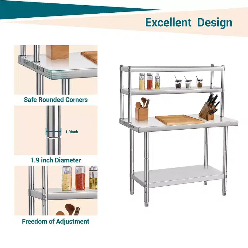 Stainless Steel Table, Heavy Duty Commercial Prep Table with 4-Tier Storage & Hooks