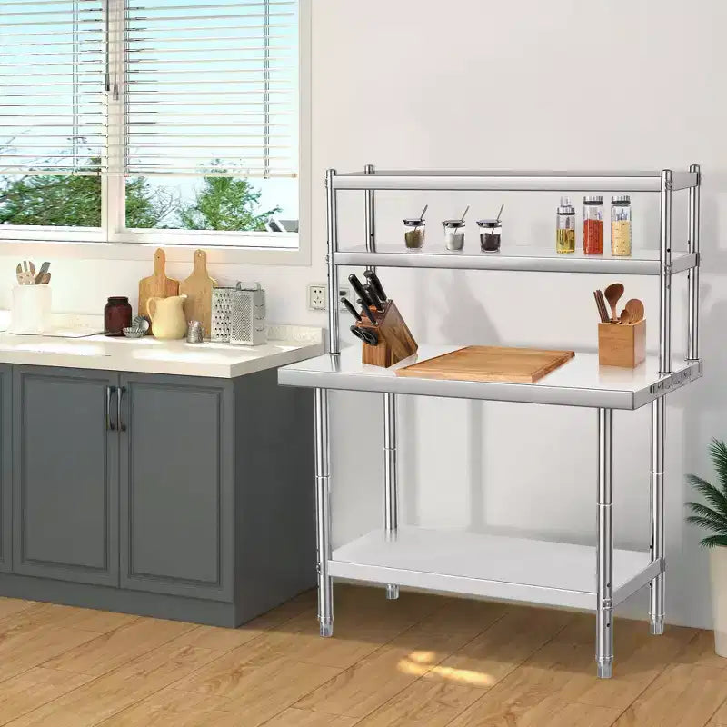 Stainless Steel Table, Heavy Duty Commercial Prep Table with 4-Tier Storage & Hooks