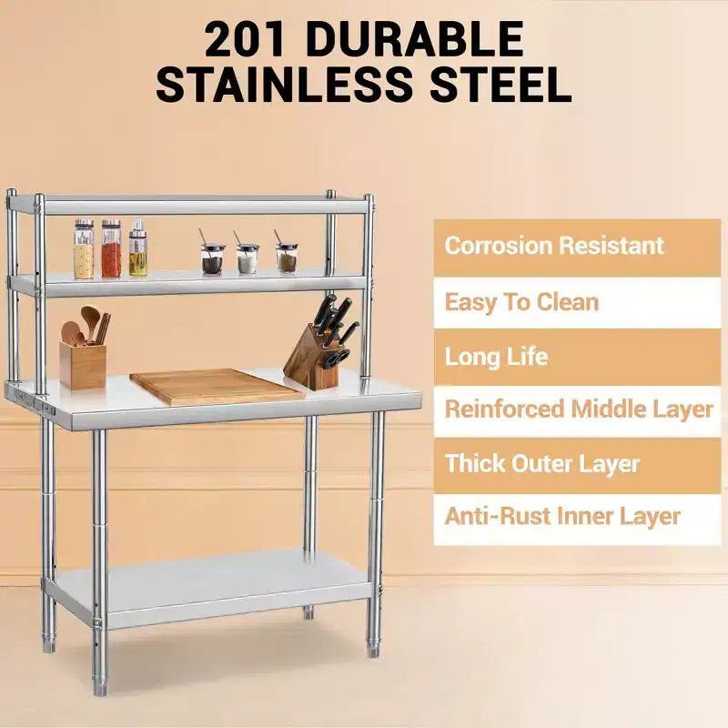 Stainless Steel Table, Heavy Duty Commercial Prep Table with 4-Tier Storage & Hooks