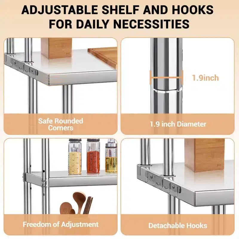 Stainless Steel Table, Heavy Duty Commercial Prep Table with 4-Tier Storage & Hooks