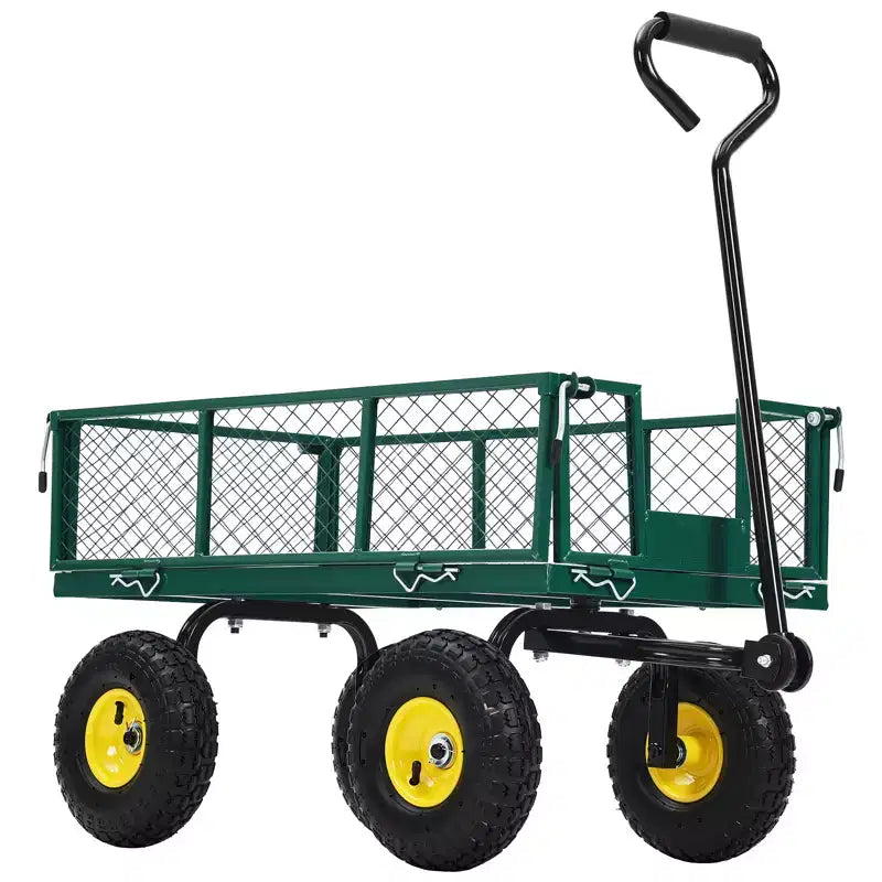 Heavy-duty steel garden cart, 550 lbs capacity, with 10-inch wheels, 180 swivel handle and removable sides for outdoor use, farm, yard, beach