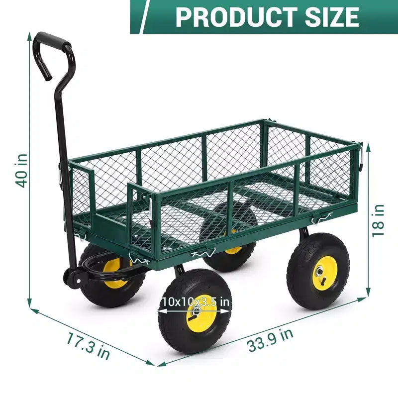 Heavy-Duty Steel Garden Cart, 550 lbs Capacity, 10-Inch Wheels, 180° Swivel Handle, Removable Sides