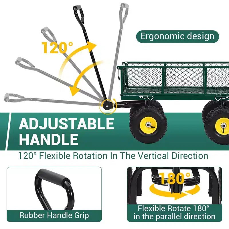 Heavy-Duty Steel Garden Cart, 550 lbs Capacity, 10-Inch Wheels, 180° Swivel Handle, Removable Sides