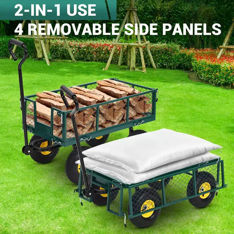 Heavy-Duty Steel Garden Cart, 550 lbs Capacity, 10-Inch Wheels, 180° Swivel Handle, Removable Sides