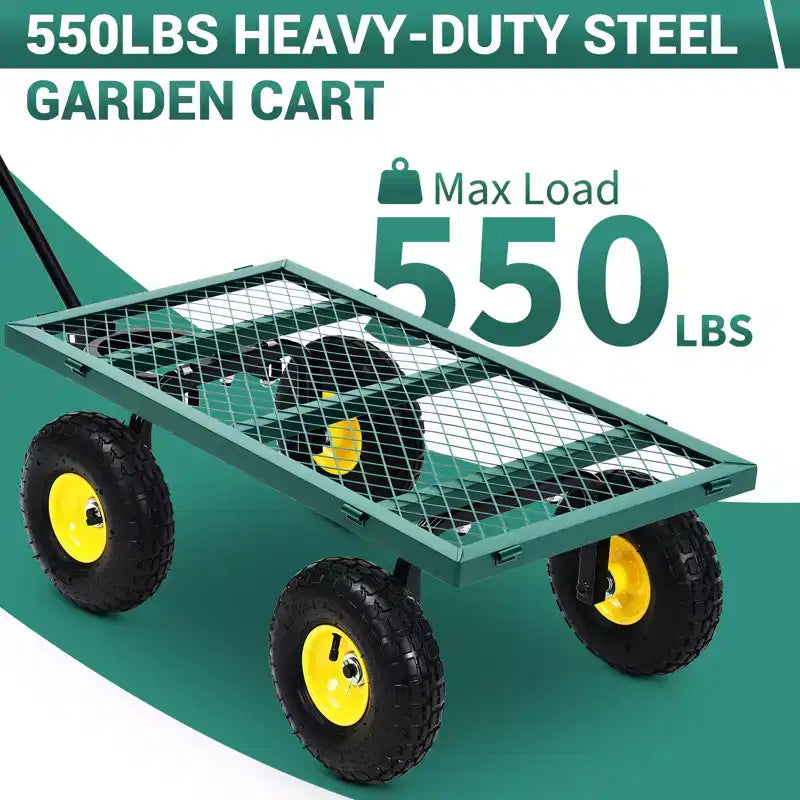 Heavy-Duty Steel Garden Cart, 550 lbs Capacity, 10-Inch Wheels, 180° Swivel Handle, Removable Sides