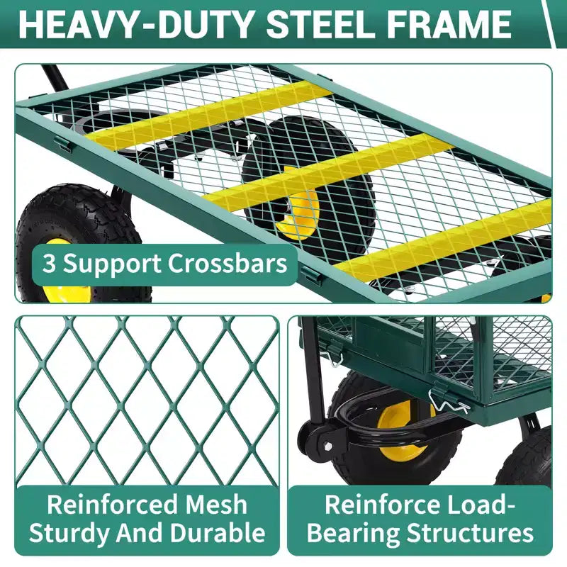 Heavy-Duty Steel Garden Cart, 550 lbs Capacity, 10-Inch Wheels, 180° Swivel Handle, Removable Sides