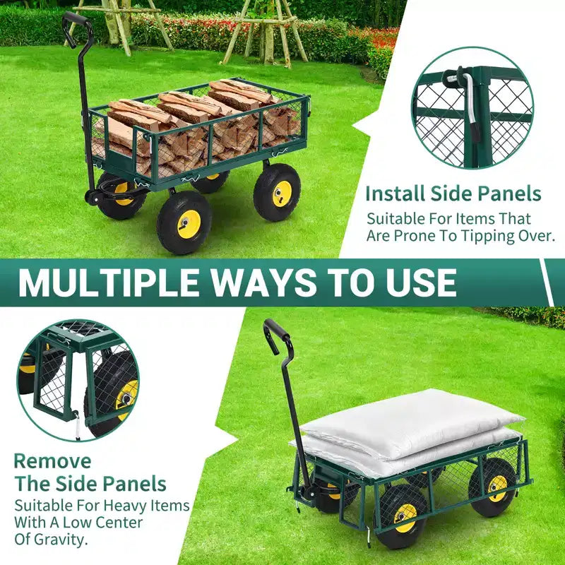 Heavy-Duty Steel Garden Cart, 550 lbs Capacity, 10-Inch Wheels, 180° Swivel Handle, Removable Sides