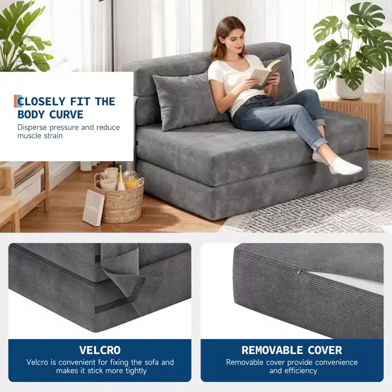 Convertible Folding Sofa Bed with Pillow, Portable Floor Lounger, Modern Fabric, for Living Room (Double)