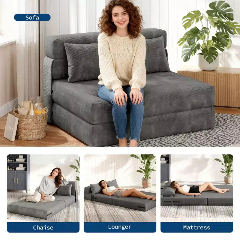 Convertible Folding Sofa Bed with Pillow, Portable Floor Lounger, Modern Fabric, for Living Room (Double)