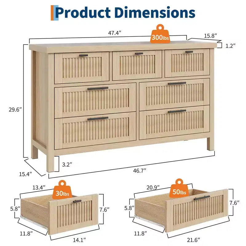 7 Drawer Dresser with Textured Fronts, TV Stand for TVs Up to 65", Wide Storage Chest for Bedroom, Living Room, Entryway