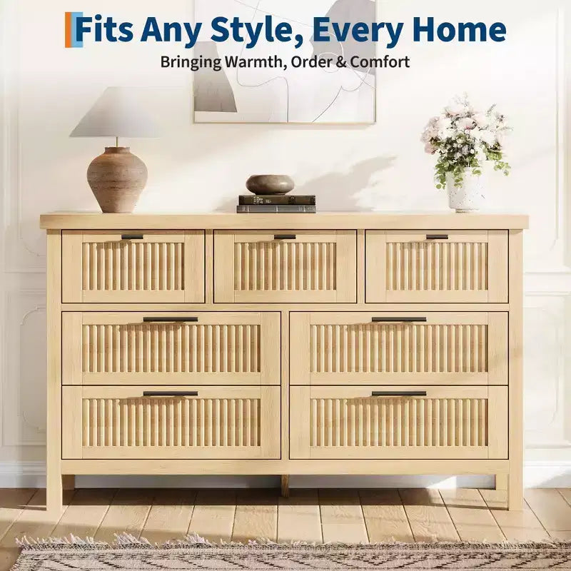 7 Drawer Dresser with Textured Fronts, TV Stand for TVs Up to 65", Wide Storage Chest for Bedroom, Living Room, Entryway