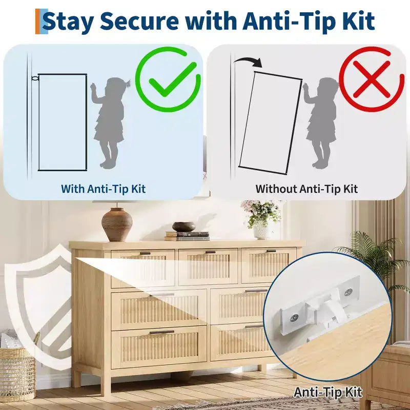 7 Drawer Dresser with Textured Fronts, TV Stand for TVs Up to 65", Wide Storage Chest for Bedroom, Living Room, Entryway