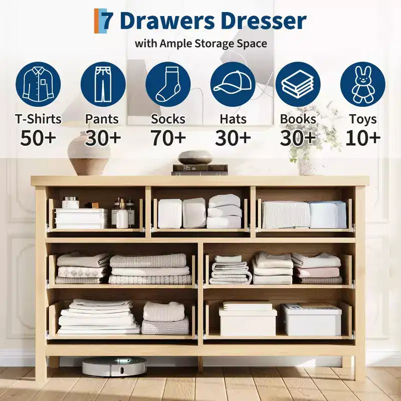 7 Drawer Dresser with Textured Fronts, TV Stand for TVs Up to 65", Wide Storage Chest for Bedroom, Living Room, Entryway