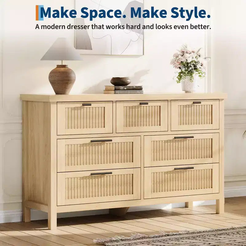 7 Drawer Dresser with Textured Fronts, TV Stand for TVs Up to 65", Wide Storage Chest for Bedroom, Living Room, Entryway
