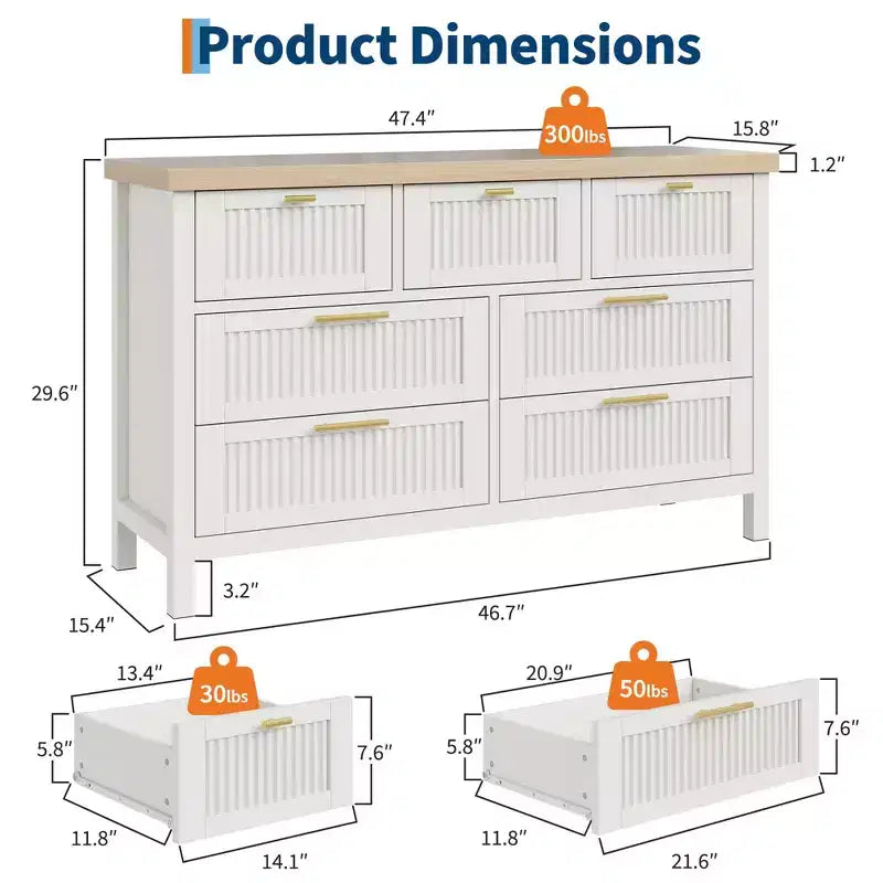7 Drawer Dresser with Textured Fronts, TV Stand for TVs Up to 65", Wide Storage Chest for Bedroom, Living Room, Entryway
