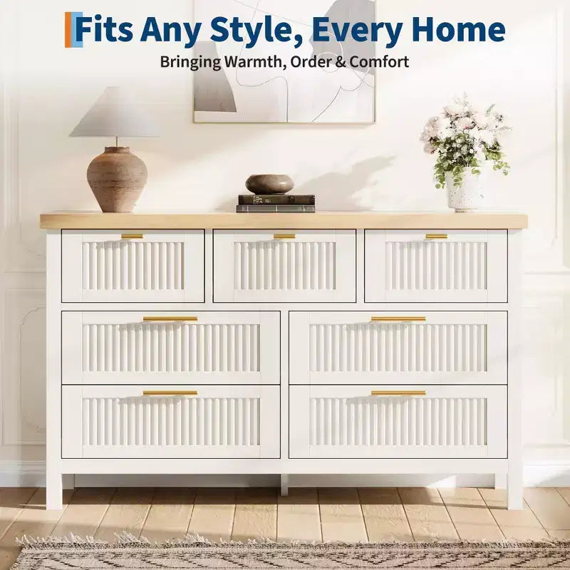 7 Drawer Dresser with Textured Fronts, TV Stand for TVs Up to 65", Wide Storage Chest for Bedroom, Living Room, Entryway