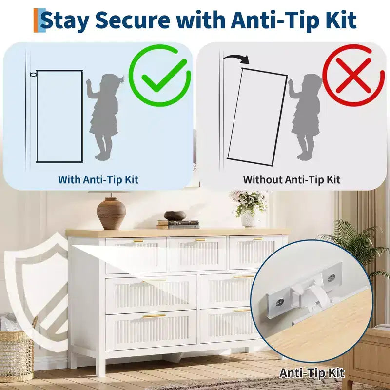 7 Drawer Dresser with Textured Fronts, TV Stand for TVs Up to 65", Wide Storage Chest for Bedroom, Living Room, Entryway