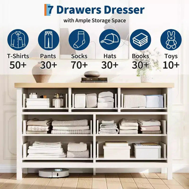 7 Drawer Dresser with Textured Fronts, TV Stand for TVs Up to 65", Wide Storage Chest for Bedroom, Living Room, Entryway