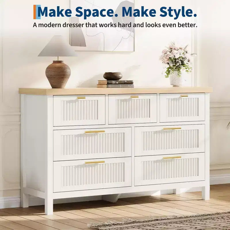 7 Drawer Dresser with Textured Fronts, TV Stand for TVs Up to 65", Wide Storage Chest for Bedroom, Living Room, Entryway